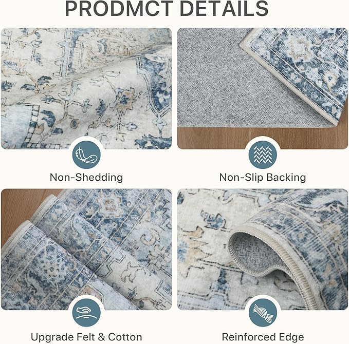 10x14 Area Rugs for Living Room, Machine Washable Rug, Non Slip Vintage Rugs, Low Pile Lightweight Print Rug for Bedroom, Dining Room, Home Office, Blue