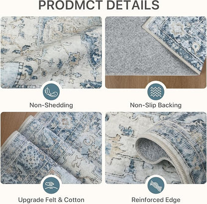 10x14 Area Rugs for Living Room, Machine Washable Rug, Non Slip Vintage Rugs, Low Pile Lightweight Print Rug for Bedroom, Dining Room, Home Office, Blue