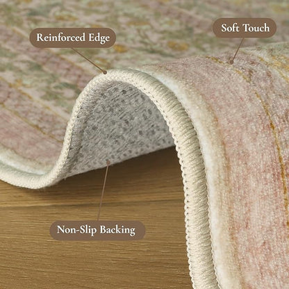 Bavni Vintage Floral Rugs 9x12, Large Washable Area Rug with Non Slip Backing, Low Pile for Living Room, Nursery,Bedroom & Home Decor, Lightweight Carpet, Brown Pink