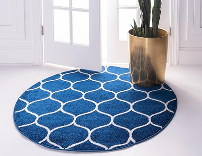 Rugs.com Lattice Frieze Collection Rug – 4' Round Navy Blue Medium Rug Perfect for Kitchens, Dining Rooms