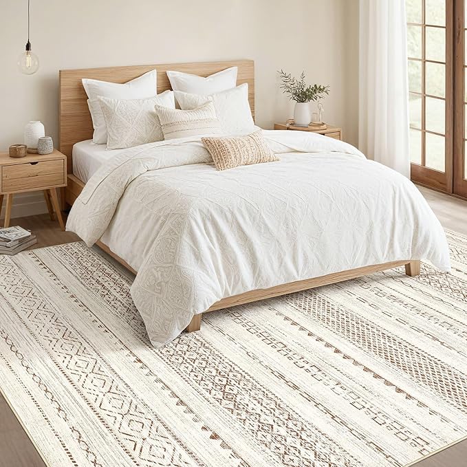 Nakagishi 7x10 Area Rug Living Room: Washable Boho Large Neutral Modern Soft Farmhouse Rugs Stain Resistant Indoor Floor Non-Slip Carpet for Bedroom Nursery Kids Playroom Office Dining Room- Brown