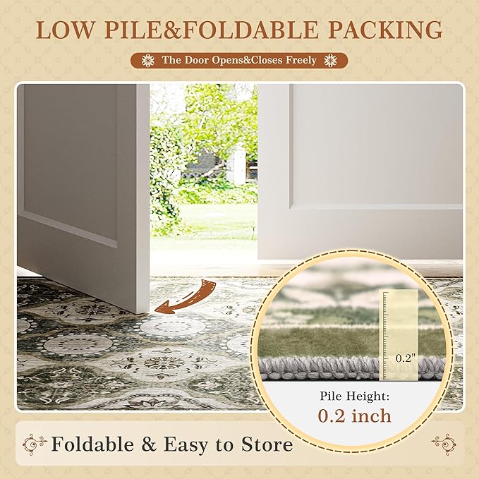 EnHomee Area Rugs 5x7, Soft Washable Rugs for Living Room Bedroom, Boho Non Slip Low Pile Stain Resistant Washable Rug Large Carpet for Dining Room,Easy to Clean Living Room Rug, Green