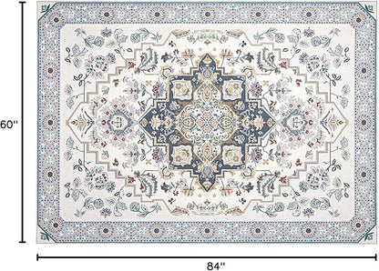 Phantoscope Washable Area Rug 5'x7' Non-Slip, Vintage Boho Rugs for Living Room, Bedroom, Dining Room, Persian Floral Medallion Pattern, Low-Pile Foldable Floor Carpet, Ivory Blue/Garden Bloom
