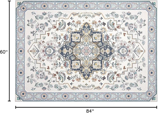 Phantoscope Washable Area Rug 5'x7' Non-Slip, Vintage Boho Rugs for Living Room, Bedroom, Dining Room, Persian Floral Medallion Pattern, Low-Pile Foldable Floor Carpet, Ivory Blue/Garden Bloom