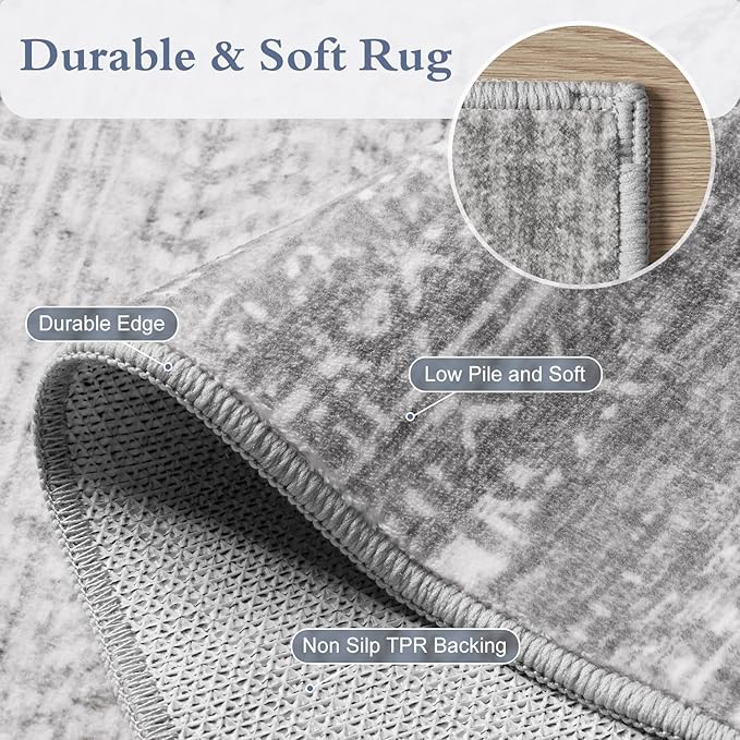 5x7 Area Rugs for Living Room Non Slip Machine Washable Rug Distressed Abstract Soft Indoor Carpet Neutral Boho Rug for Bedroom Dining Room Playroom Office, Grey