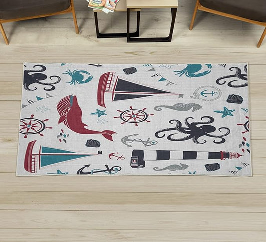 Ambesonne Nautical Decorative Rug, Pastel Colored Composition of Lighthouse Sailboat Fish Shells Octopus, Quality Carpet for Bedroom Dorm and Living Room, 2' 2" x 3' 7", Raspberry and Dark Blue