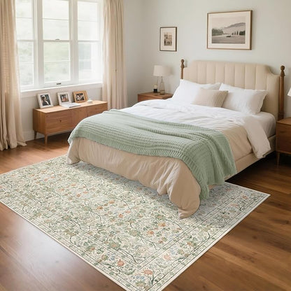 Washable Living Room Rug: 6x9 Boho Floral Soft Area Rug for Bedroom Decor - Vintage Low Pile Thin Carpet for Dining Room Non-Slip - Farmhouse Stain Resistant Rugs - Beige Green
