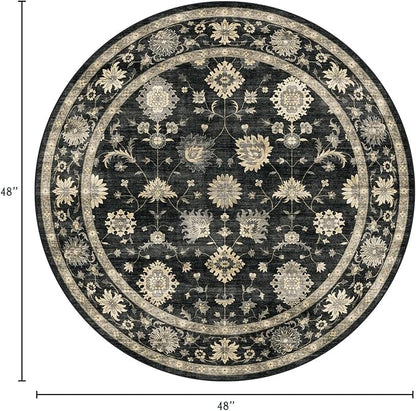Washable Round Area Rug 4ft - Charcoal Black Traditional Floral Living Room Circle Rug 4x4 Non-Slip Farmhouse Carpet Soft Vintage Boho Round Rugs for Bedroom Bathroom Kitchen Entryway