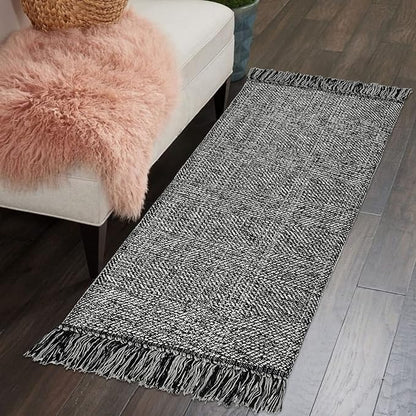Collive Kitchen Runner Rug, 2' x 4.3' Cotton Hand-Woven Reversible Washable Rug, Black Bathroom Rugs Modern Farmhouse Hallway Carpet for Foyer Bedroom Entry Back Door Decor