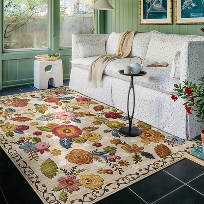 4x6 Machine Washable Area Rug for Living Room, Beige Vintage Boho Floral Rug Large Non-Slip Low Pile Soft Faux Wool Carpet, Kids and Pets Friendly for Bedroom Dining Room Farmhouse Home Decor Rug
