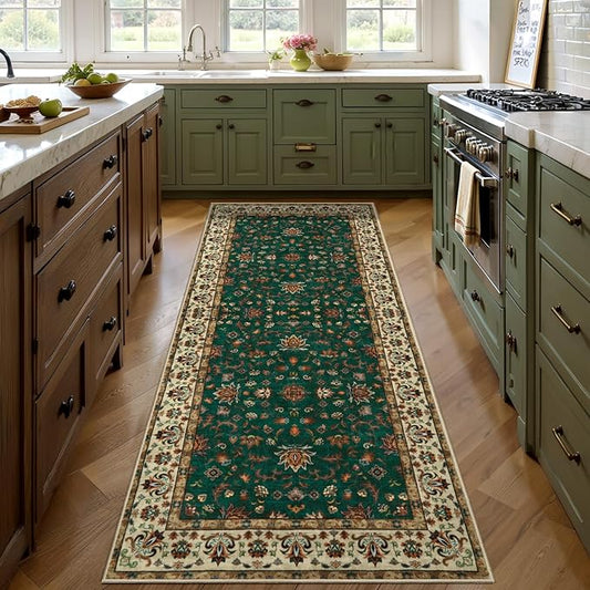 Tangspp Floral Washable Runner Rug, 2x5 Rug Runners for Hallways Non Slip, Vintage Boho Runner Rug for Entryway Indoor, Green Print Carpet Runner, Soft Low Pile Runner for Kitchen Bedroom Green