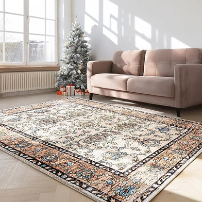 Area Rug 5x7, Washable Faux Wool Throw Rugs for Living Room, 0.3″ Non Slip Low Pile Vintage Boho Carpet for Ding Room, Home Office, Bedroom, Kids Room, Bedside (Khaki)