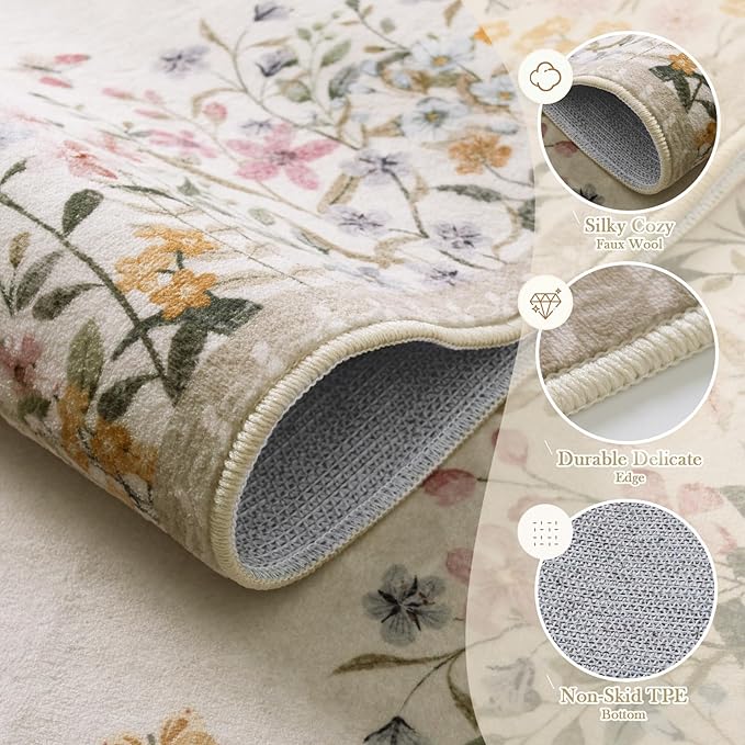 Wonnitar Washable Boho Floral 9x12 Rugs for Bedroom, Non-Slip Living Room Area Rug, Cute Nursery Large Botanical Area Rug, Soft Floor Carpet for Playroom Closet (Beige,9'x12')