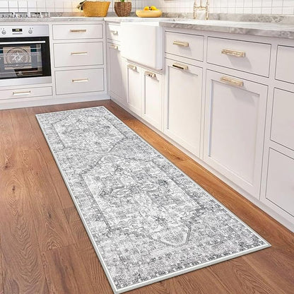 KOZYFLY Runners for Hallways 2x6 Ft Washable Kitchen Runner Rug Boho Runner Rug for Entryway Indoor Printed Oriental Faux Wool Floor Carpet Runner for Bedroom Kitchen Hall, Gray