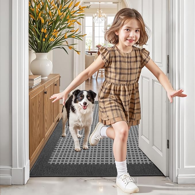 LUMI Inside Door Mat for Entry 30''x48'', Absorbent, Dirt Trapper, Low Profile Thin, Non Slip Mats with Rubber Backing, Ideal for Indoor, High Traffic, Garage, Entrance, Checkered Grey