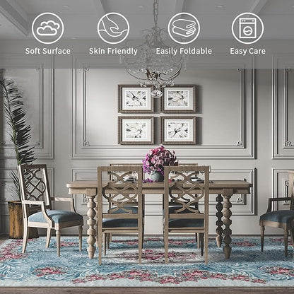 Easy-Going Large Area Rug 8x10 Washable Floral Rug for Living Room Non-Slip Bedroom Rugs Low Pile Lightweight Retro Flowers Throw Rug for Dining Room Kitchen Home Office Carpet, Teal Red