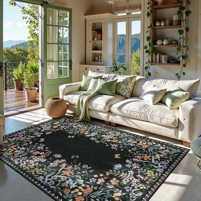 Lahome Boho Floral Black Washable 5x7 Area Rugs for Living Room, Non Slip Rugs for Bedroom, Indoor Throw Dining Room Carpet for Under Table Entryway Kitchen Office(Black,5x7)