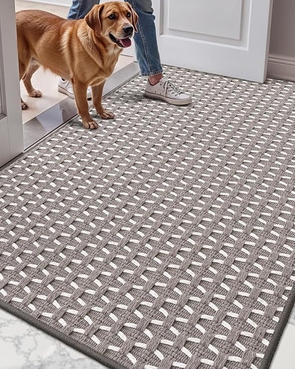 LUMI Handwoven Indoor Door Mat 32"x47", Non-Slip Low Profile Checkered Inside Doormat, Comfort Weave Grid Pattern Floor Mats, Taupe