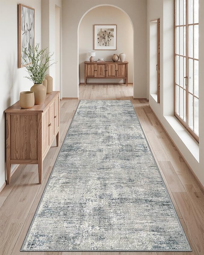 DEXI Hallway Runner Rug 3x12, Modern Abstract Non Slip Thin Soft Runners Carpet, Stain Resistant Washable Indoor Rug for Hallway Entryway Kitchen Laundry Room Living Room, Blue