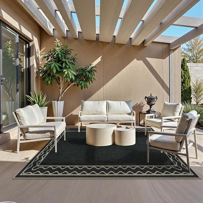 OJIA Easy Jute Washable Rugs 8x10, Large Outdoor Patio Rug Washable Living Room Rug Farmhouse Indoor Outdoor Carpet Wavy Border Modern Non-Slip Black Rugs for Bedroom Backyard Deck Decor