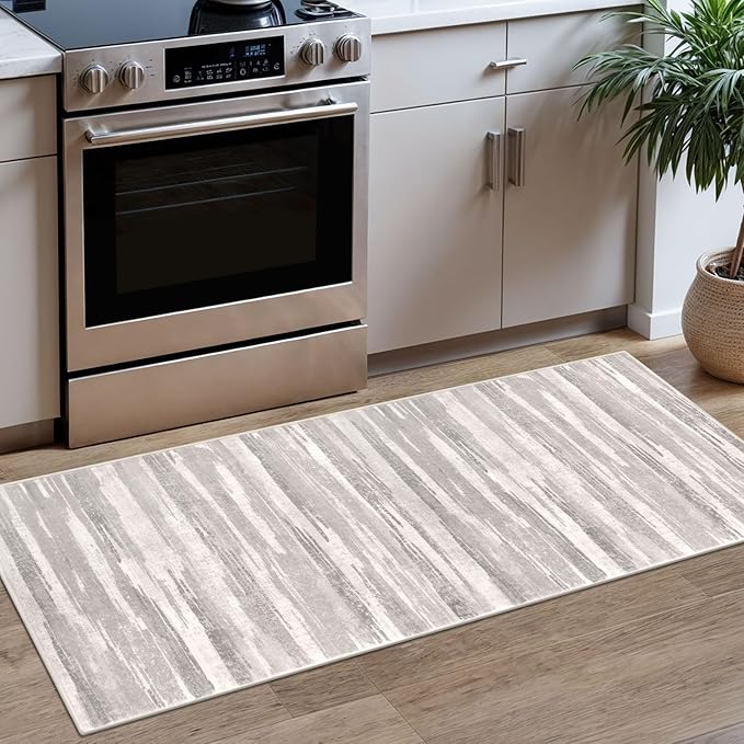 Modern Abstract Runner Rug 2x5, Neutral Light Beige and Grey Washable Entryway Kitchen Non-Slip Soft Hallway Runner Thin Print Faux Wool Carpet for Bedroom Laundry Room Indoor