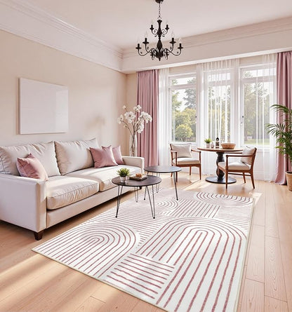 Lahome Abstract Washable Area Rugs 5x7, Soft Pink Rugs for Living Room Ultra-Thin Non-Shedding Bedroom Rug, Modern Throw Rug Large Carpet for Dining Room Office(5'x7',Pink/White)