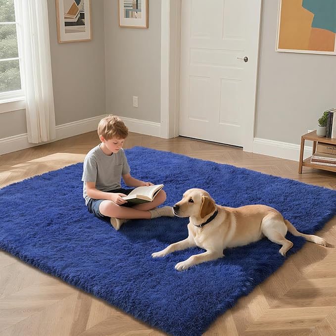 Blue Fluffy Rug Shaggy Area Rug, 5x8 Area Rugs for Girls Bedroom, Soft Cute Baby Play Mat, Indoor Floor Carpet for Teen, Nursery, Preppy Dorm, Plush Aesthetic Bedside Rug