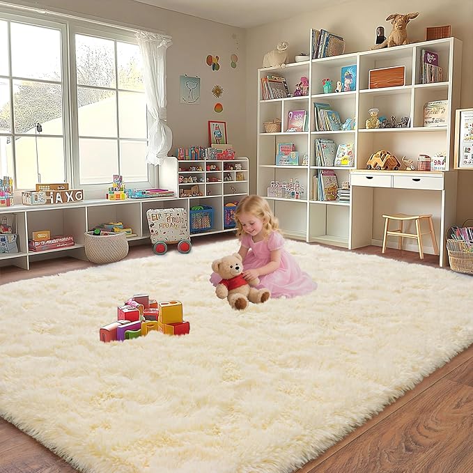 Upgrade Non-Slip Plush Rugs Fluffy Area Rugs for Living Room, Soft Shaggy Carpets for Living Room, Perfect Decor for Modern Home Light Champagne 8x10 Feet