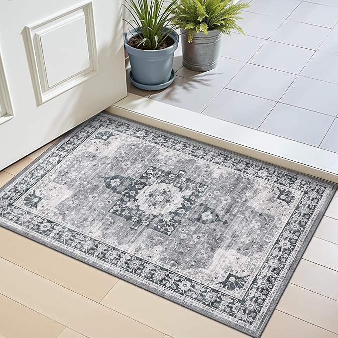 LUMI Indoor Thin Door Mat, 18x30 Washable Small Inside Doormat, Non Slip Low Pile Oriental Floor Carpet, Vintage Distressed Area Rug for Front Door,Entrance,Bedroom, Blue
