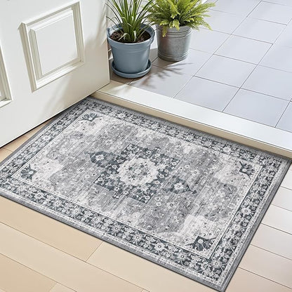 LUMI Indoor Thin Door Mat, 18x30 Washable Small Inside Doormat, Non Slip Low Pile Oriental Floor Carpet, Vintage Distressed Area Rug for Front Door,Entrance,Bedroom, Blue