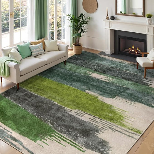 Ciicool Modern Abstract Rug for Living Room, 5'x7' Machine Washable Area Rug Non-Slip Rug, Low-Pile Contemporary Indoor Dining Floor Carpet for Bedroom Office Under Table Home Decor Green