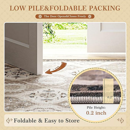 EnHomee Area Rugs 5x7, Soft Washable Rugs for Living Room Bedroom, Boho Non Slip Low Pile Stain Resistant Washable Rug Large Carpet for Dining Room,Easy to Clean Living Room Rug, Khaki