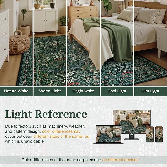 8x10 Area Rugs Living Room Rug - Floral Vintage Forest Washable Carpet, Low Pile Non-Slip Stain Resistance Boho Soft Large Carpet for Bedroom, Dining Room, Office, Farmhouse (8'x10' Dark Green)
