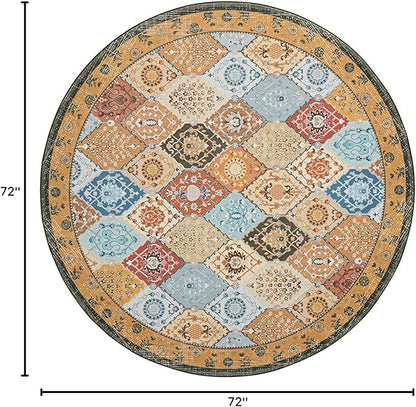 Phantoscope Washable Round Area Rug 6ft Non-Slip, Vintage Boho Rugs for Living Room, Bedroom, Dining Room, Distressed Moroccan Mosaic Diamond Pattern, Low-Pile Foldable Floor Carpet, Terracotta/Rust