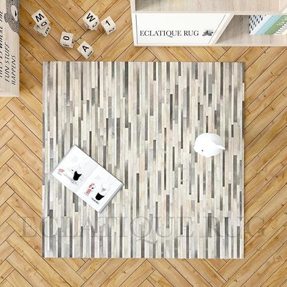 Cowhide Leather Rug for Living Room 5x8, Modern Stripes Style Floor Carpet, Dark Grey Area Rug for Home Decor