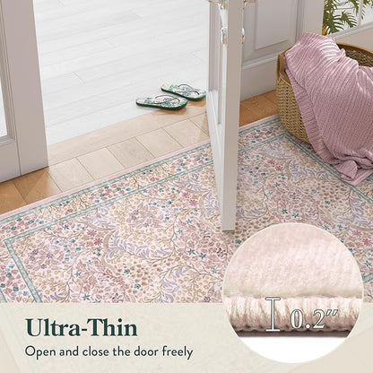 Lahome Floral Entryway Rug, 2x3 Kitchen Rugs Non Slip Washable Boho Pink Forest Design, Soft Door Mat Indoor Entrance, Ultra-Thin Easy Clean Small Throw Carpet for Bedroom Bathroom, Pink