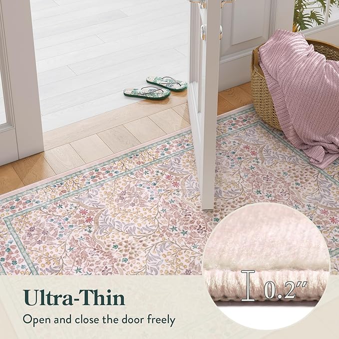 Lahome Floral Washable Kitchen Runner Rug, 2x6 Runners for Hallways Non Slip Ultra-Thin, Boho Soft Hallway Rug Forest Pink Carpet for Bedroom Bathroom Laundry Room, Pink