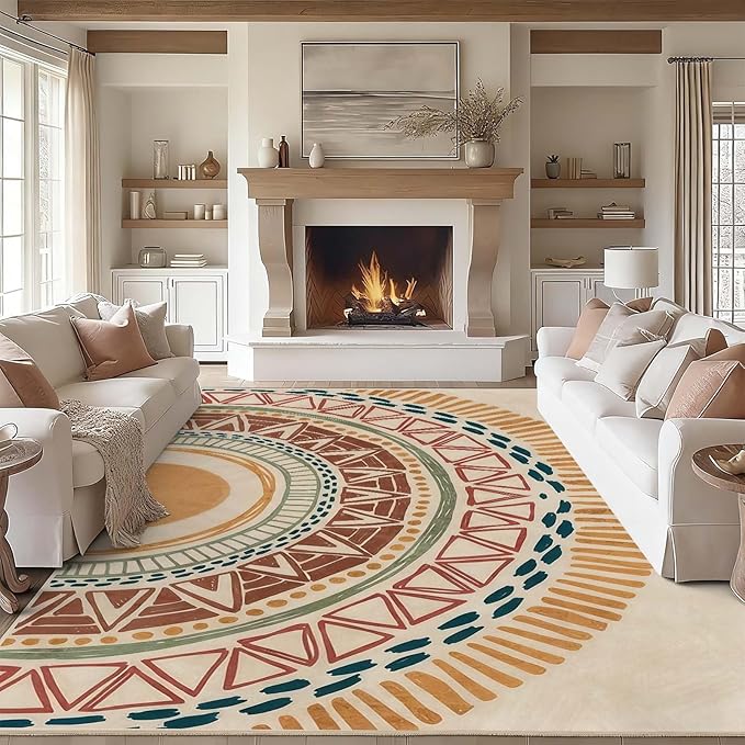 Colorful Geometric Sun Rug, Sun Pattern Rug, Geometric Area Rugs, Colorful Abstract Rugs, Washable Boho Carpet for Living Room, Bedroom, Dining Room, Office (10' x 12'(Rectangular))