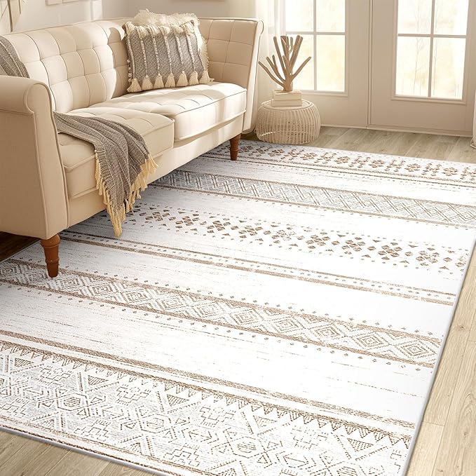BESTSWEETIE 4x6 Area Rugs for Living Room Washable Moroccan Farmhouse Neutral Geometric Low Pile Non-Slip Soft Print Pattern Rug for Bedroom Kitchen Dining Room Entryway Cream/Brown/Pink