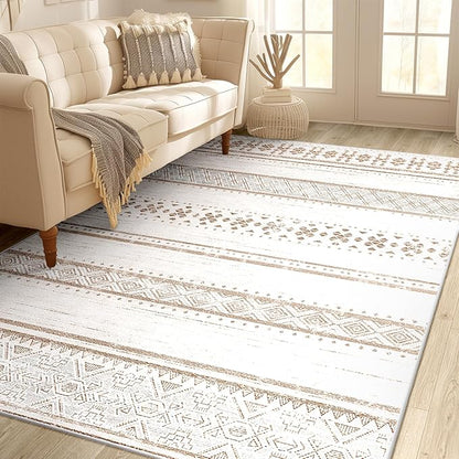 BESTSWEETIE 4x6 Area Rugs for Living Room Washable Moroccan Farmhouse Neutral Geometric Low Pile Non-Slip Soft Print Pattern Rug for Bedroom Kitchen Dining Room Entryway Cream/Brown/Pink