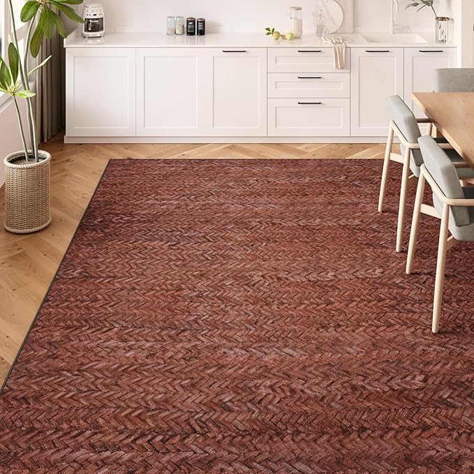 Eleisa Modern Vintage 5x7 Herringbone Chevron Area Rug for Living Room, Wine & Red, Non-Slip Stain Resistant Washable Rug, Farmhouse Home Decor Carpet for Bedroom, Kitchen, Dining Room