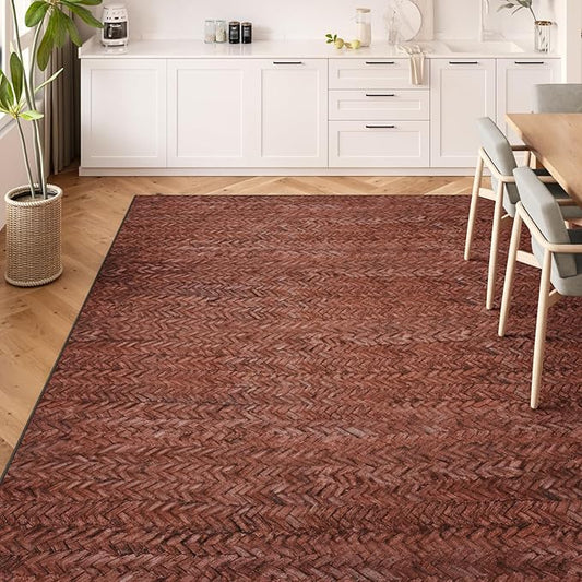 Eleisa Modern Vintage 5x7 Herringbone Chevron Area Rug for Living Room, Wine & Red, Non-Slip Stain Resistant Washable Rug, Farmhouse Home Decor Carpet for Bedroom, Kitchen, Dining Room