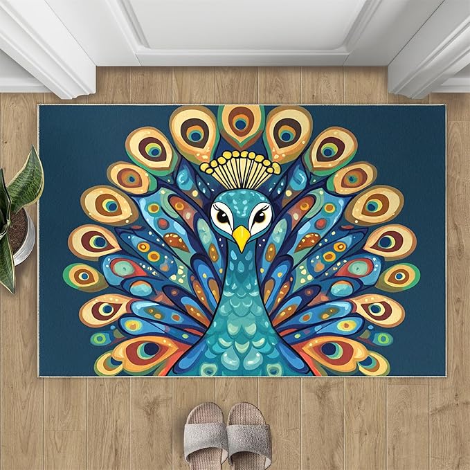 Boho Peacock Rugs for Living Room - 6x8 Rug, Peacock Decor Area Rugs for Bedroom, Teal Turquoise Rug, Modern Style Washable Carpet, Aesthetics Carpet - Peafowl Home Decor & Gifts