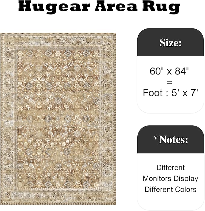 HUGEAR 5x7 Machine Washable Rugs Brown Beige Hallway Area Rug Indoor Accent Rug Floral Low Pile Carpet Soft Throw Aesthetic Rug Bedroom Living Room Office Dining Room Kitchen Laundry Room Non Slip