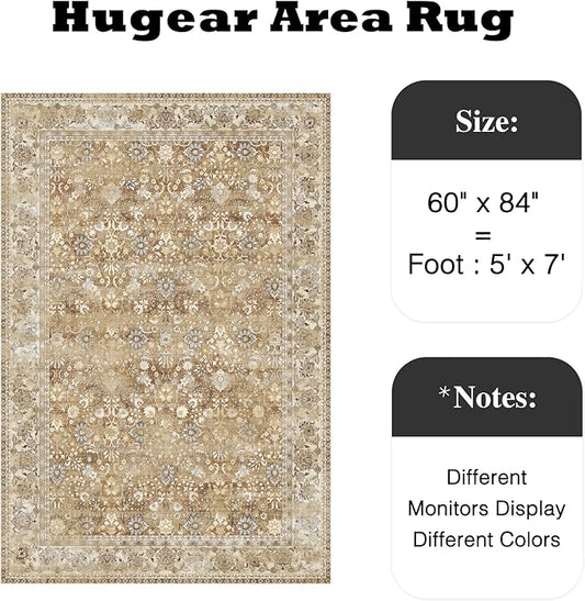 HUGEAR 5x7 Machine Washable Rugs Brown Beige Hallway Area Rug Indoor Accent Rug Floral Low Pile Carpet Soft Throw Aesthetic Rug Bedroom Living Room Office Dining Room Kitchen Laundry Room Non Slip