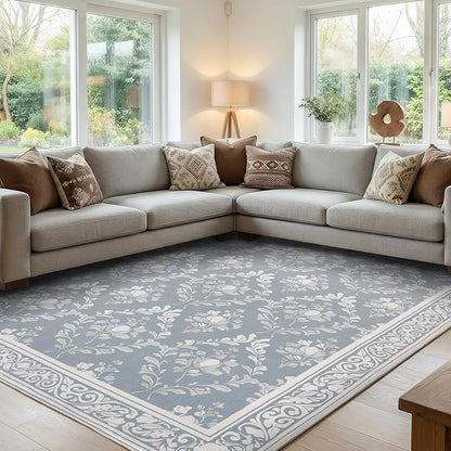 SOULFUL Medium Pile 3x5 Area Rug - Soft Underfoot Small Entryway Rug - Greige Boho Floral - Washable Non-Slip - Perfect for Living Room Bedroom Foot Kids Room Reading Nook