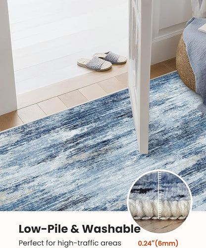 6x9 Area Rugs for Living Room, Modern Abstract Washable Rug with Non-Slip Backing & Low Pile Indoor Carpet for Nursery Room, Bedroom and Dinning Room, Blue