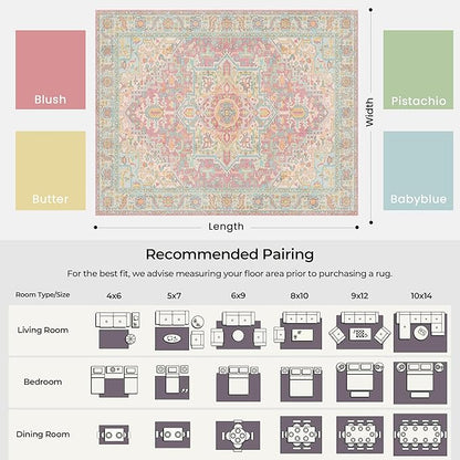 Kokia 9x12 Washable Area Rugs Blossom Pink with Vintage Orient Design, Soft Rug for Living Room or Bedroom, Non-Slip Low Pile Stain Resistance Features, Distressed Medallion Pattern