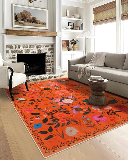Boho Washable Area Rug 5x7 – Floral Low Pile Non-Slip Carpet for Living Room, Bedroom, Office, Playroom, Entryway, Kitchen, Dining Room (Orange)