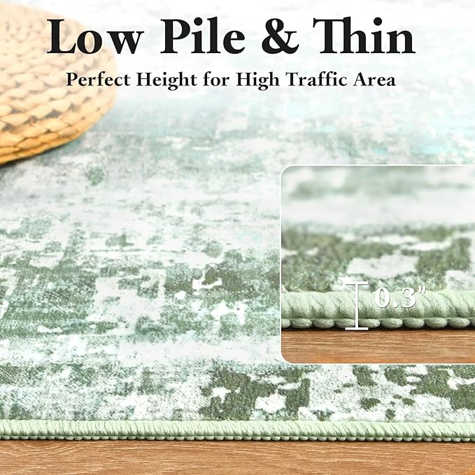 Washable Abstract Runner Rug, 2x6 Modern Area Rugs with Non-Slip Rubber Backed for Kitchen, Thin but Soft Contemporary Carpet Bedroom Entryway Hallway Decor, Green